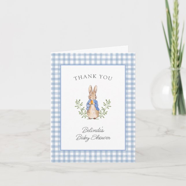 Cartão De Agradecimento Peter Rabbit Blue Gingham Baby Shower (Frente)