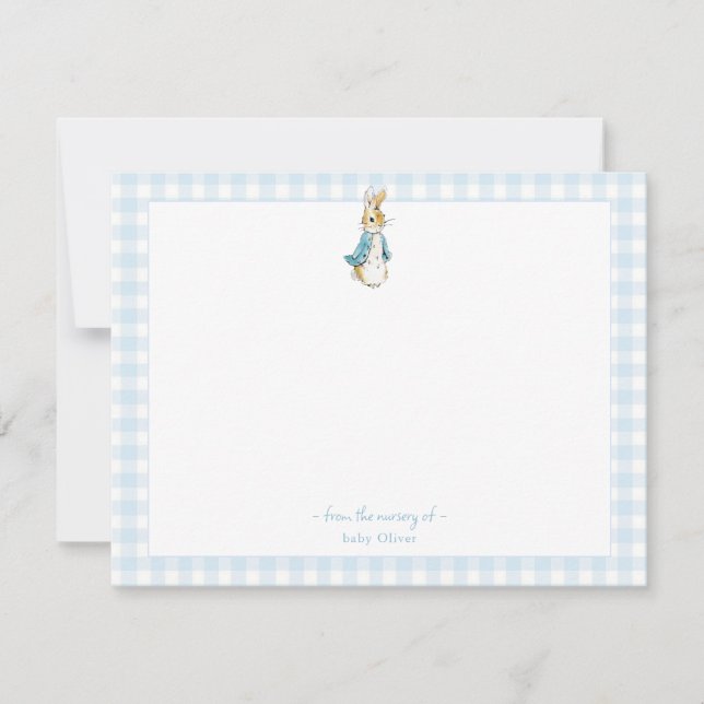 Cartão De Agradecimento Peter Rabbit com bebezinho da Borda de Gingham azu (Frente)