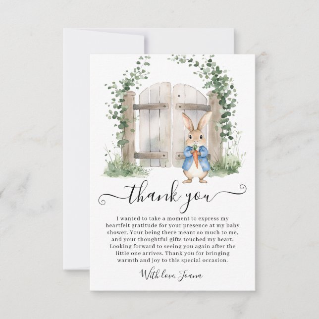 Cartão De Agradecimento Peter Rabbit Garden Gate Greenery Chá de fraldas (Frente)