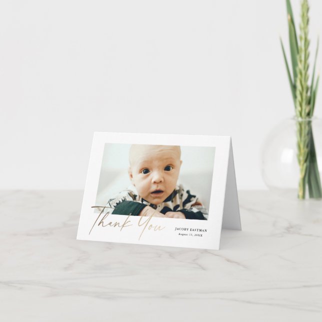 Cartão De Agradecimento Petite Elegant Dourado Script Baby Photo (Frente)