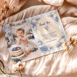 Cartão De Agradecimento Photo Berry First Blue Garden Party 1st Birthday