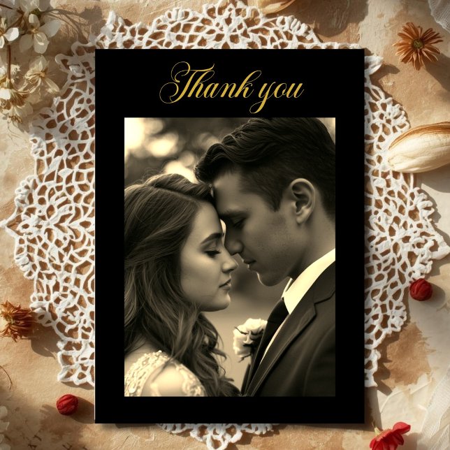 Cartão De Agradecimento  Photo Black Gold  (Vintage Film Look Photo overlay Black Gold Thank You Card)