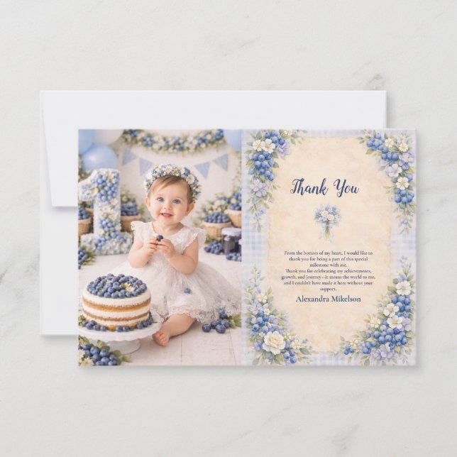 Cartão De Agradecimento Photo Blueberry Floral Storybook 1st Birthday (Frente)