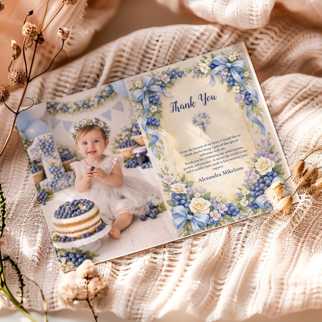 Cartão De Agradecimento Photo Blueberry Garden Berry First 1st Birthday (Criador carregado)