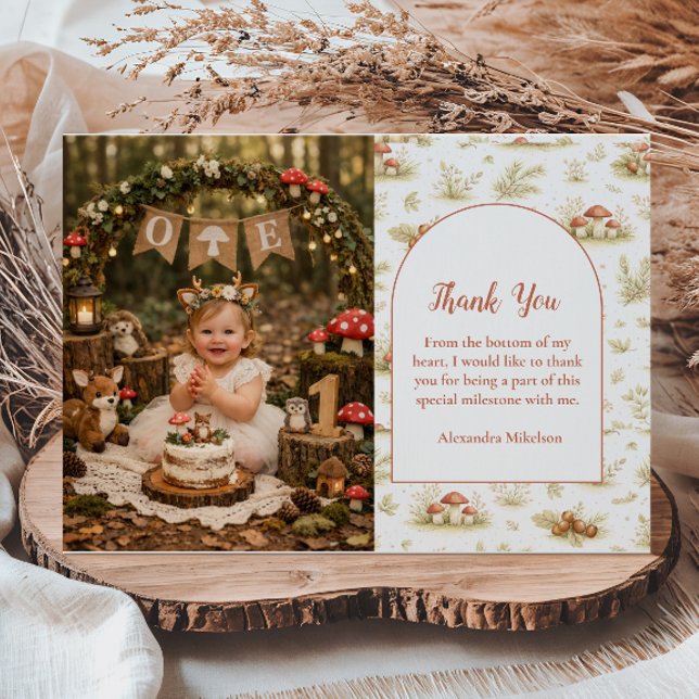 Cartão De Agradecimento Photo Blush Woodland Wild One Birthday (Criador carregado)