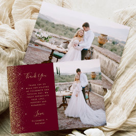 Cartão De Agradecimento Photo Burgundy Red Gold Glitter Script Wedding