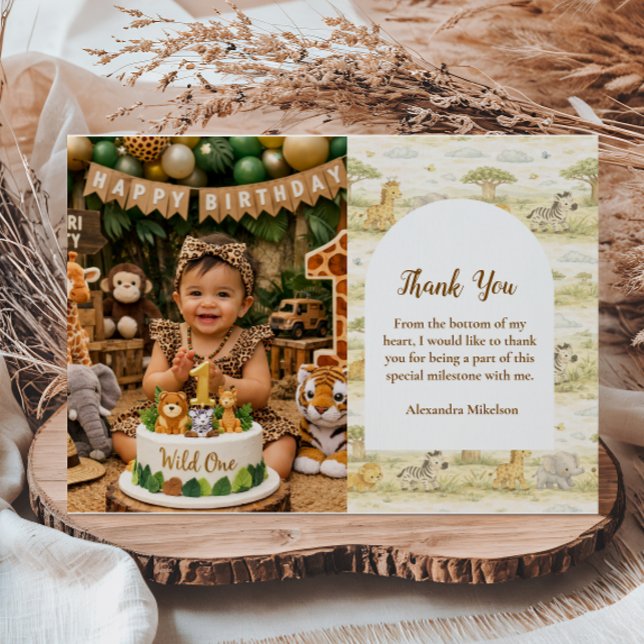 Cartão De Agradecimento Photo Cute Neutral Safari Animals First Birthday (Criador carregado)
