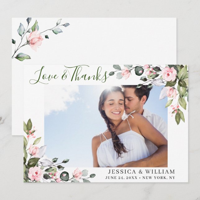 Cartão De Agradecimento PHOTO Elegante Eucalyptus Blush Rosa Rosado Rosa (Frente/Verso)