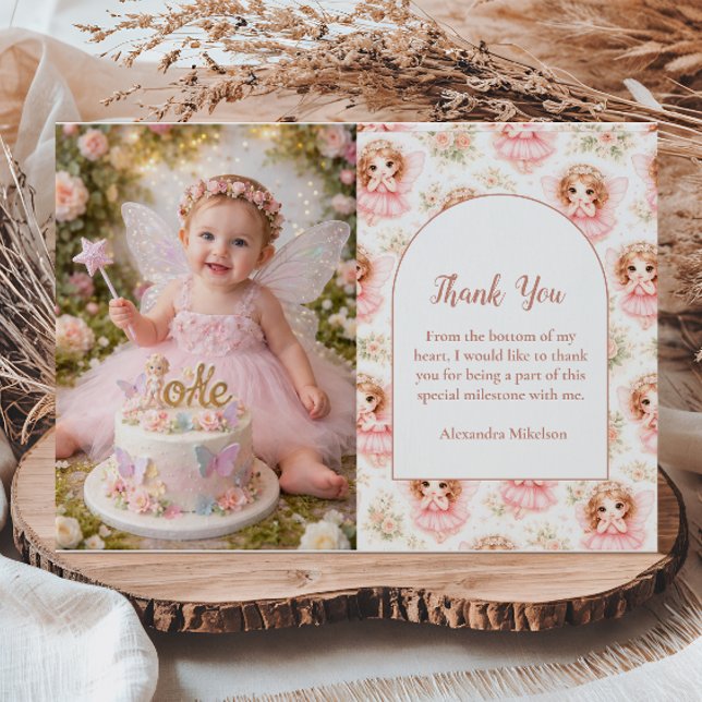 Cartão De Agradecimento Photo Fairy 1st Birthday Pink Garden (Criador carregado)