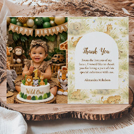 Cartão De Agradecimento Photo Neutral Safari Wild One Floral First Birthda