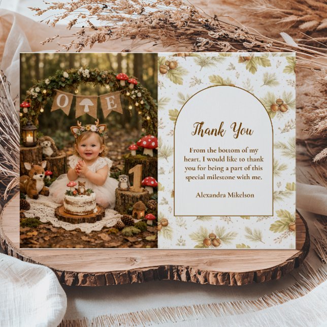Cartão De Agradecimento Photo Neutral Woodland Wild One Birthday (Criador carregado)