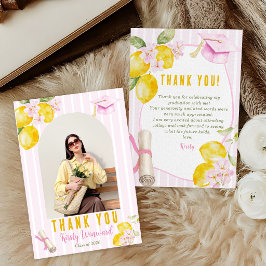 Cartão De Agradecimento Photo Pink Stripes Lemons and Flowers Graduation