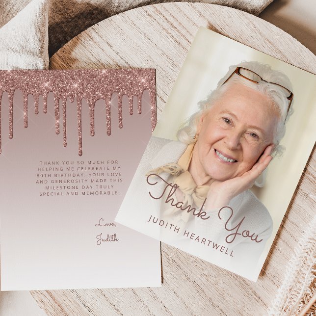 Cartão De Agradecimento Photo Rose Gold Glitter Drip 80th Birthday (Criador carregado)