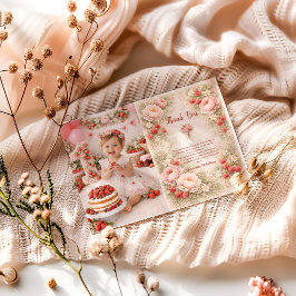 Cartão De Agradecimento Photo Strawberry Blush Garden Celebration 1st Birt