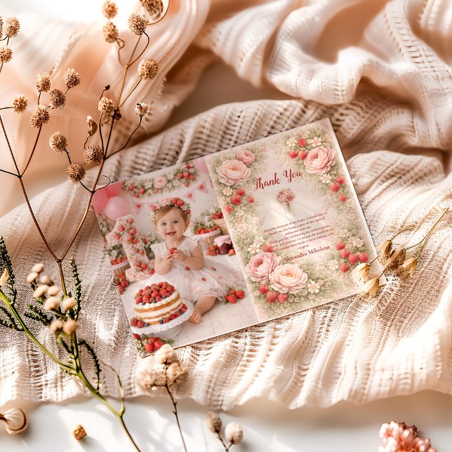 Cartão De Agradecimento Photo Strawberry Blush Garden Celebration 1st Birt (Criador carregado)