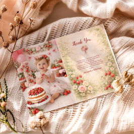 Cartão De Agradecimento Photo Strawberry First Birthday Garden Party 1st B