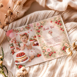 Cartão De Agradecimento Photo Strawberry Garden Floral 1st Birthday