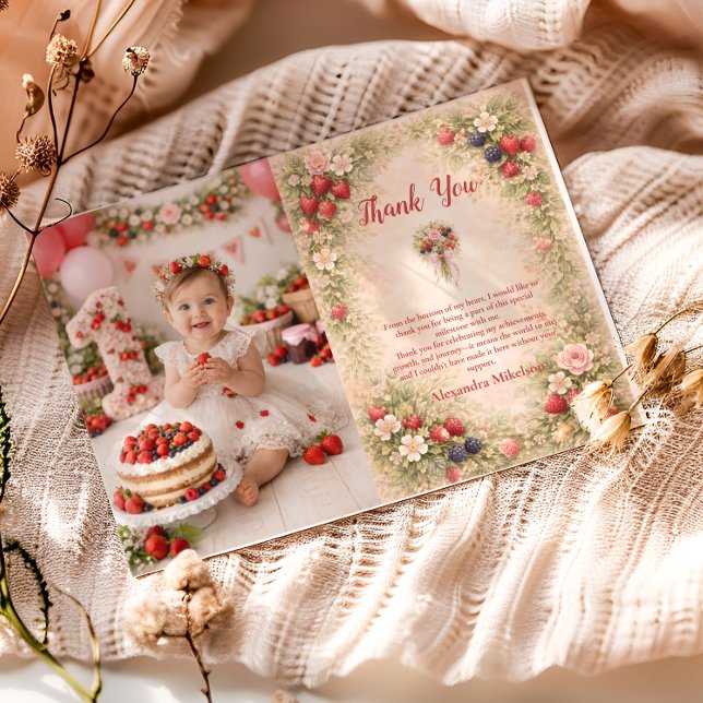 Cartão De Agradecimento Photo Sweet Berry Garden 1st Birthday (Criador carregado)