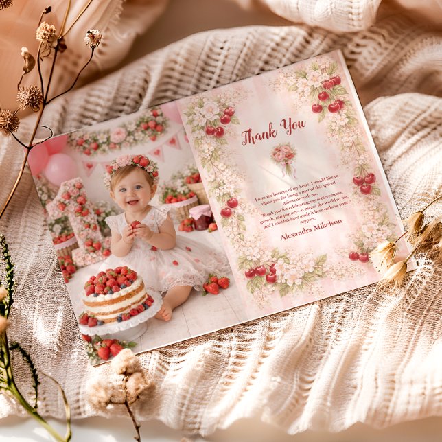 Cartão De Agradecimento Photo Sweet Cherry Floral First Birthday 1st Birth (Criador carregado)