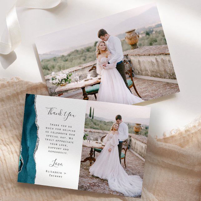 Cartão De Agradecimento Photo Teal Blue Agate Silver Script Wedding (Criador carregado)
