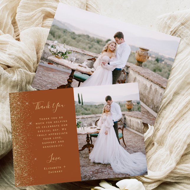 Cartão De Agradecimento Photo Terracotta Gold Glitter Script Wedding (Criador carregado)
