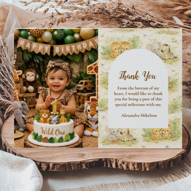 Cartão De Agradecimento Photo Watercolor Safari Animals First Birthday (Criador carregado)