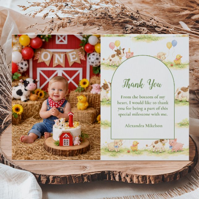 Cartão De Agradecimento Photo Whimsical Farm Animals Pastel 1st Birthday (Criador carregado)
