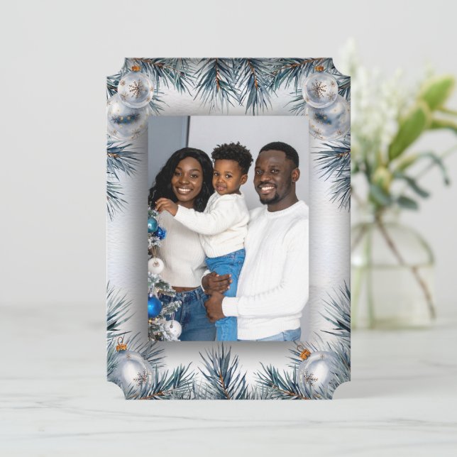 Cartão De Agradecimento Pine Border Photo Christmas Card (Em pé/Frente)
