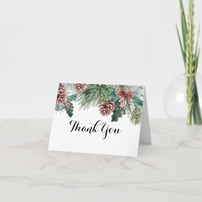 Cartão De Agradecimento Pinecones de inverno e Holly Obrigado (Frente)