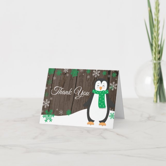 Cartão De Agradecimento Pinguim de Inverno Rústico Floco de Neve Verde (Frente)