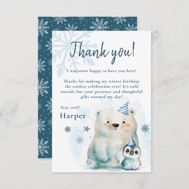 Cartão De Agradecimento Pinguim e Urso Polar Aniversário de inverno (Frente/Verso)
