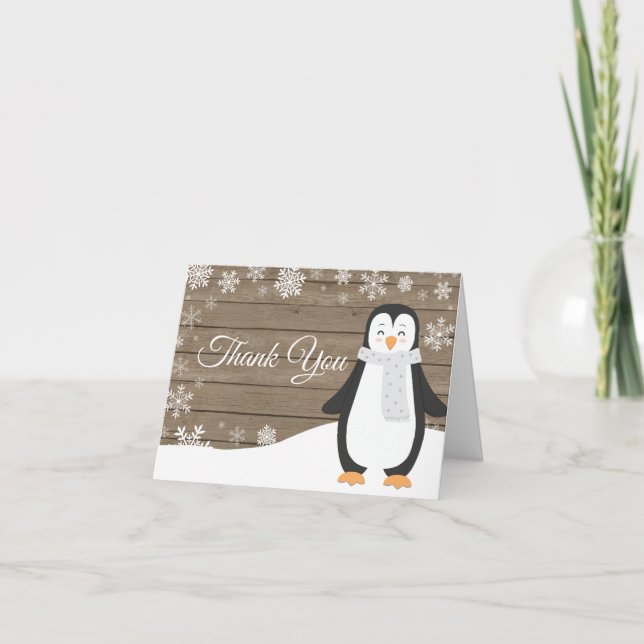 Cartão De Agradecimento Pinguim Floco de Neve de Inverno Rústico (Frente)