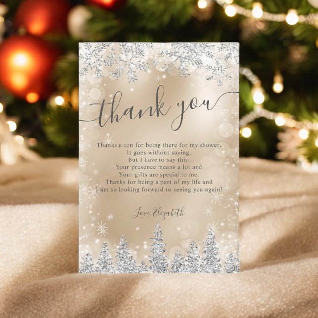 Cartão De Agradecimento Pinheiro de inverno, chá de panela de inverno, fol (Silver gold foil snow pine winter bridal shower thank you card)