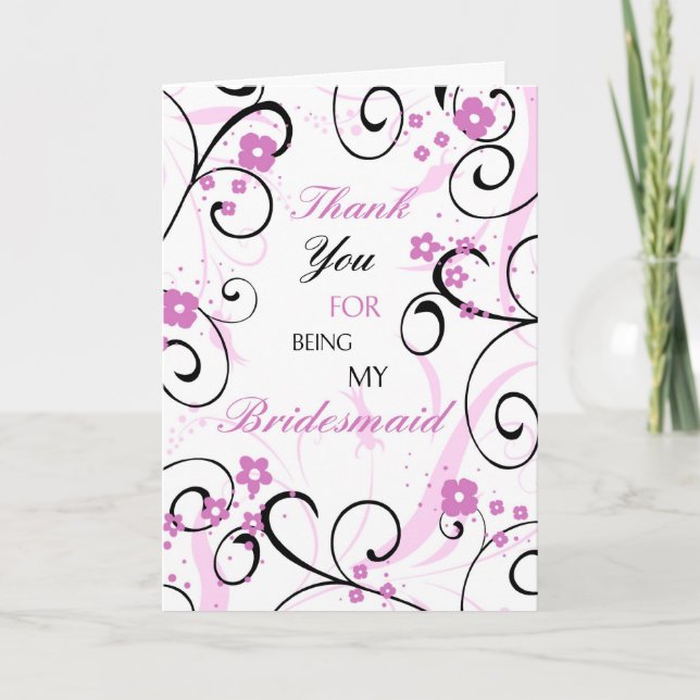 Cartão De Agradecimento Pink and Black Flower Thank You Bridesmaid Card (Frente)
