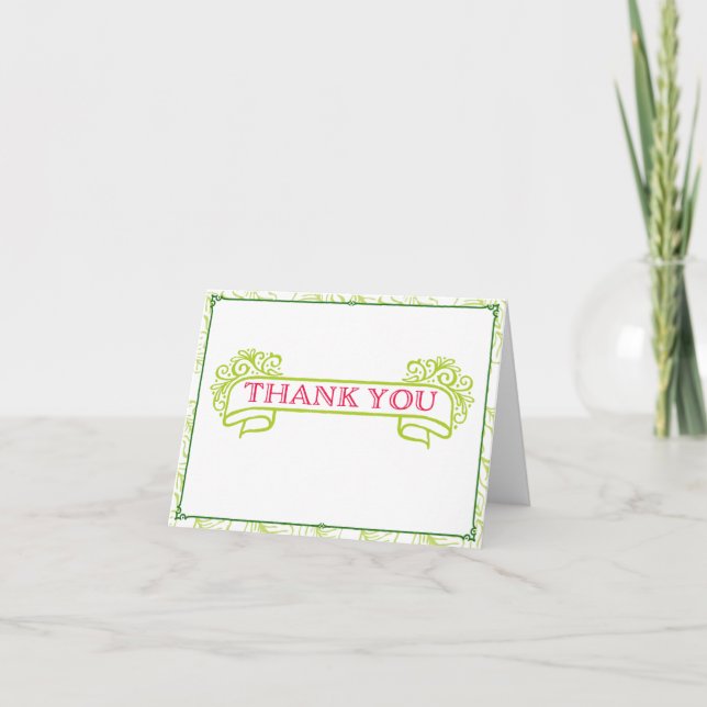 Cartão De Agradecimento Pink and Green Banner Thank You Note Card (Frente)