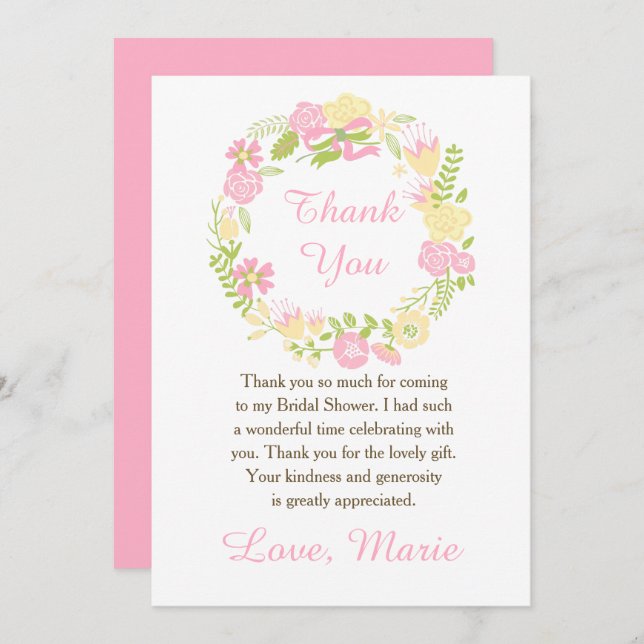 Cartão De Agradecimento Pink and Yellow Floral Wreath Bridal Shower (Frente/Verso)