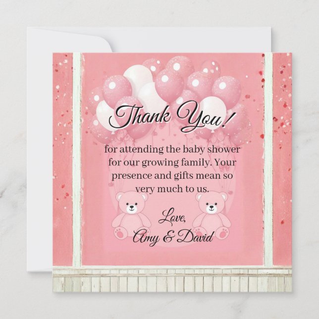 Cartão De Agradecimento Pink Ballon and Teddy Bear Thank You Card (Frente)