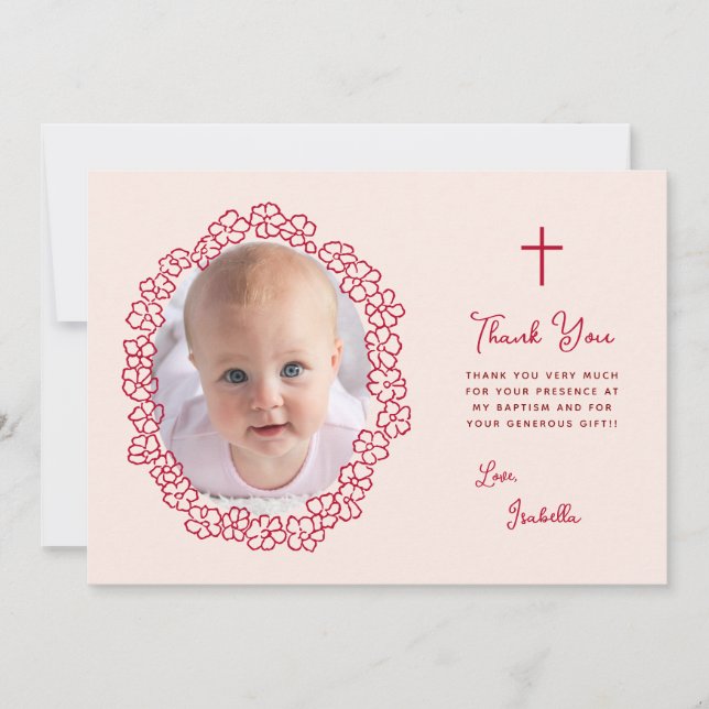 Cartão De Agradecimento Pink Baptism Girl Photo & Red Floral Wreath Script (Frente)