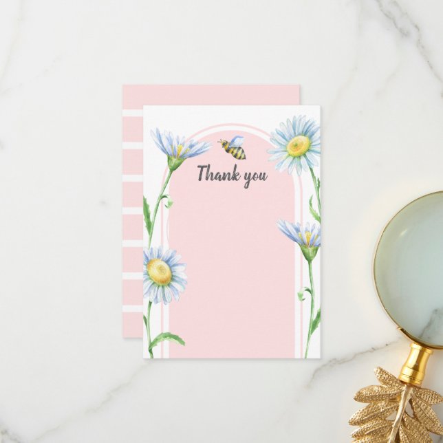Cartão De Agradecimento Pink Bee with Daisies Thank You Cards (Frente/Verso In Situ)