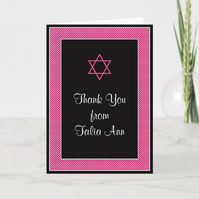 Cartão De Agradecimento Pink Black Polka Dot Bat Mitzvah Thank You Card (Frente)
