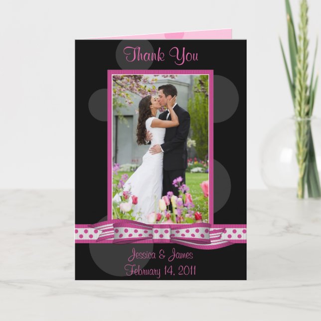 Cartão De Agradecimento Pink Black White Polka Dot Wedding Photo Thank You (Frente)