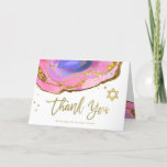 Cartão De Agradecimento Pink Blue and Gold Geode | Bat Mitzvah<br><div class="desc">This elegant,  modern Bat Mitzvah thank you card features trendy pink and blue watercolor geode stones with faux gold handwritten script,  Star of David,  and accents.</div>