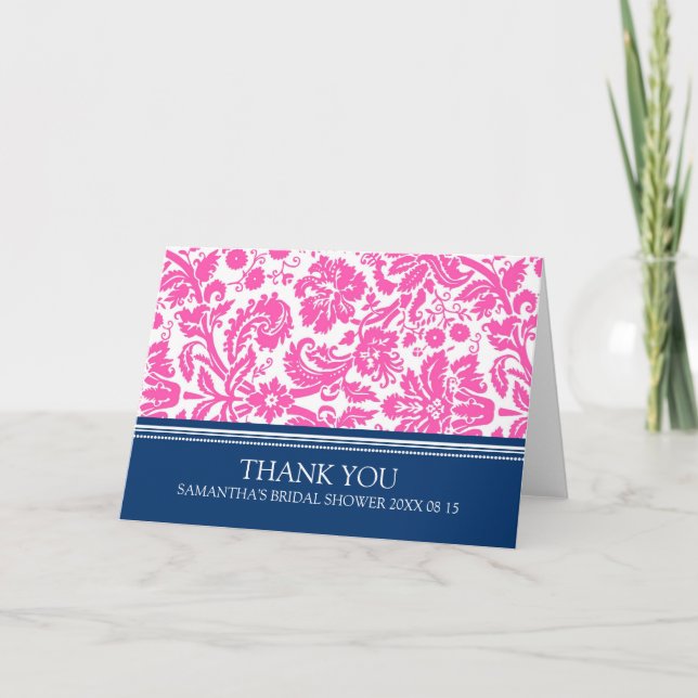 Cartão De Agradecimento Pink Blue Damask Bridal Shower Thank You Card (Frente)