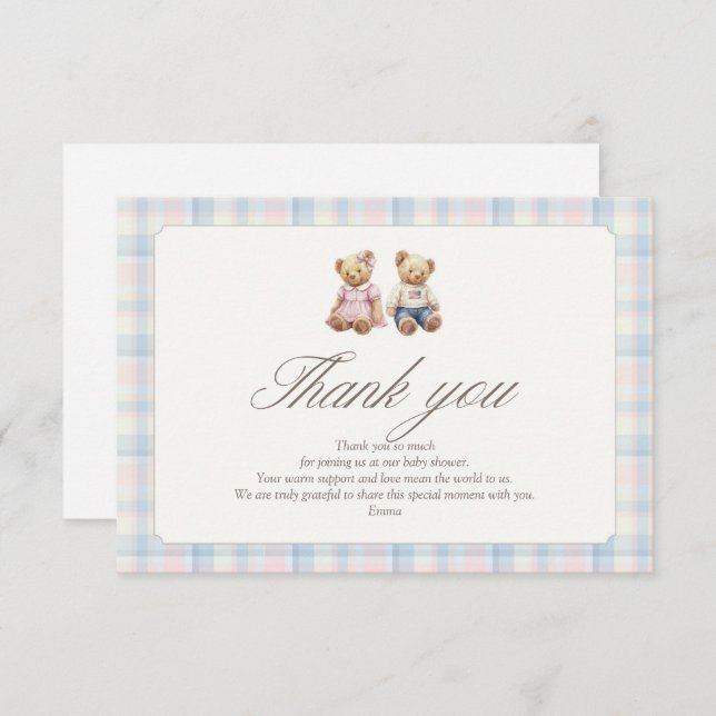 Cartão De Agradecimento Pink Blue Teddy Bear Thank You Gender Reveveal (Frente/Verso)