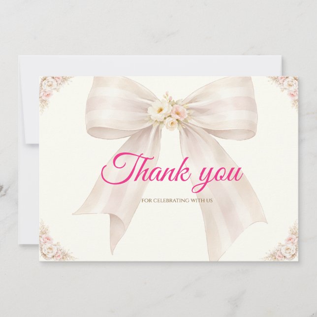 Cartão De Agradecimento Pink Blush Bow Princess Ribbon Thank You Card (Frente)