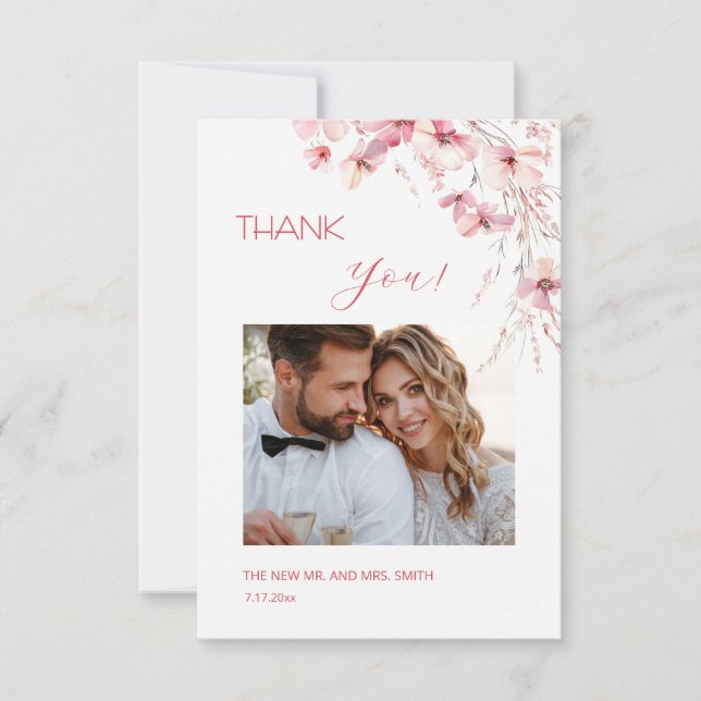 Cartão De Agradecimento Pink Boho  Flowers Thank You Card (Frente)