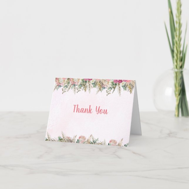 Cartão De Agradecimento Pink Boho Pampas Grass Bridal Shower Thank You (Frente)