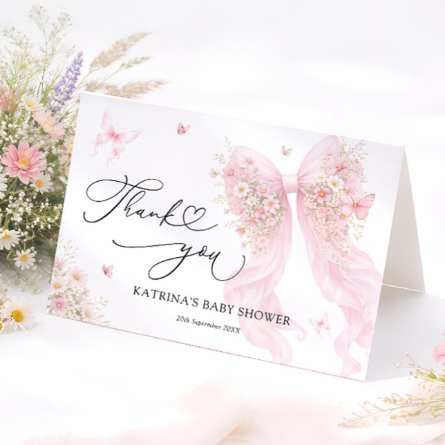 Cartão De Agradecimento Pink Bow Butterfly Baby Shower Thank You Card (Criador carregado)