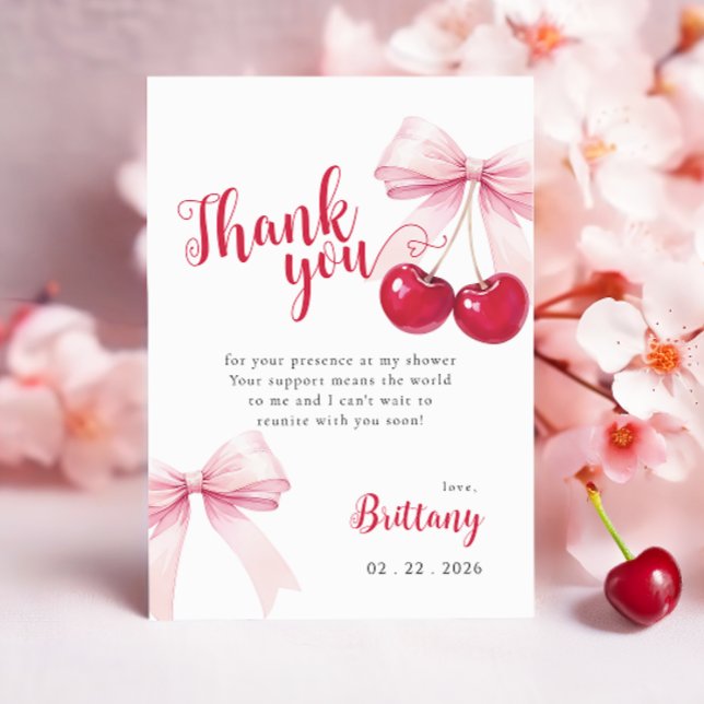 Cartão De Agradecimento Pink Bow Cherry Baby Shower Thank You Card (Criador carregado)