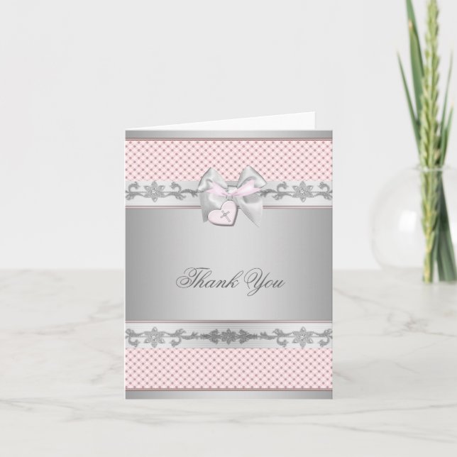 Cartão De Agradecimento Pink Bow Cross Girls Baptism Christening Thank You (Frente)